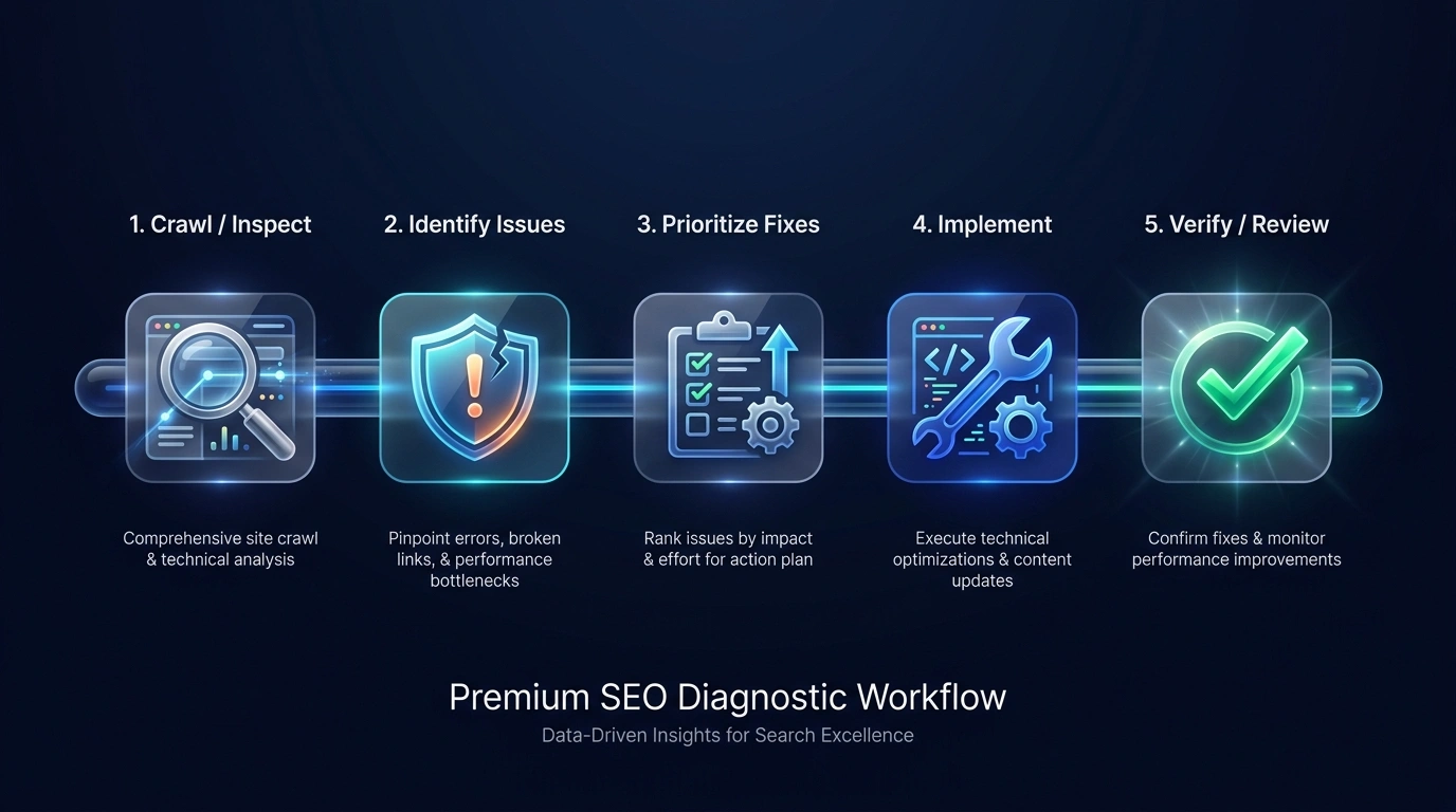 SEO diagnostic workflow from crawl inspection through verification and review