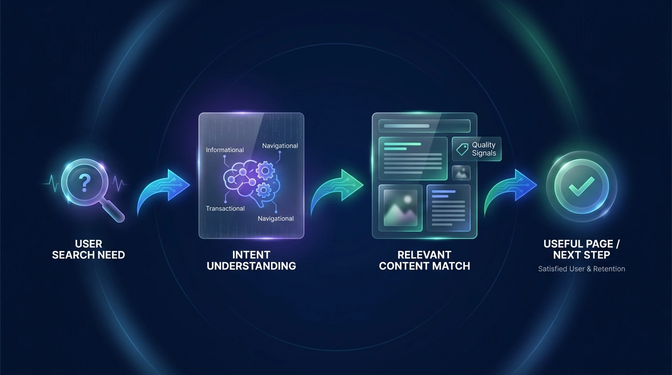 Search intent progression from a user need to relevant content and a useful next step