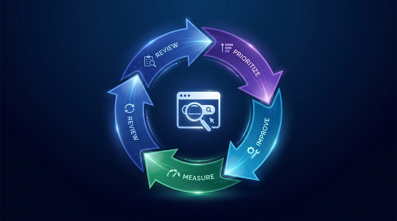 Continuous SEO lifecycle of review, prioritization, improvement, measurement, and refinement