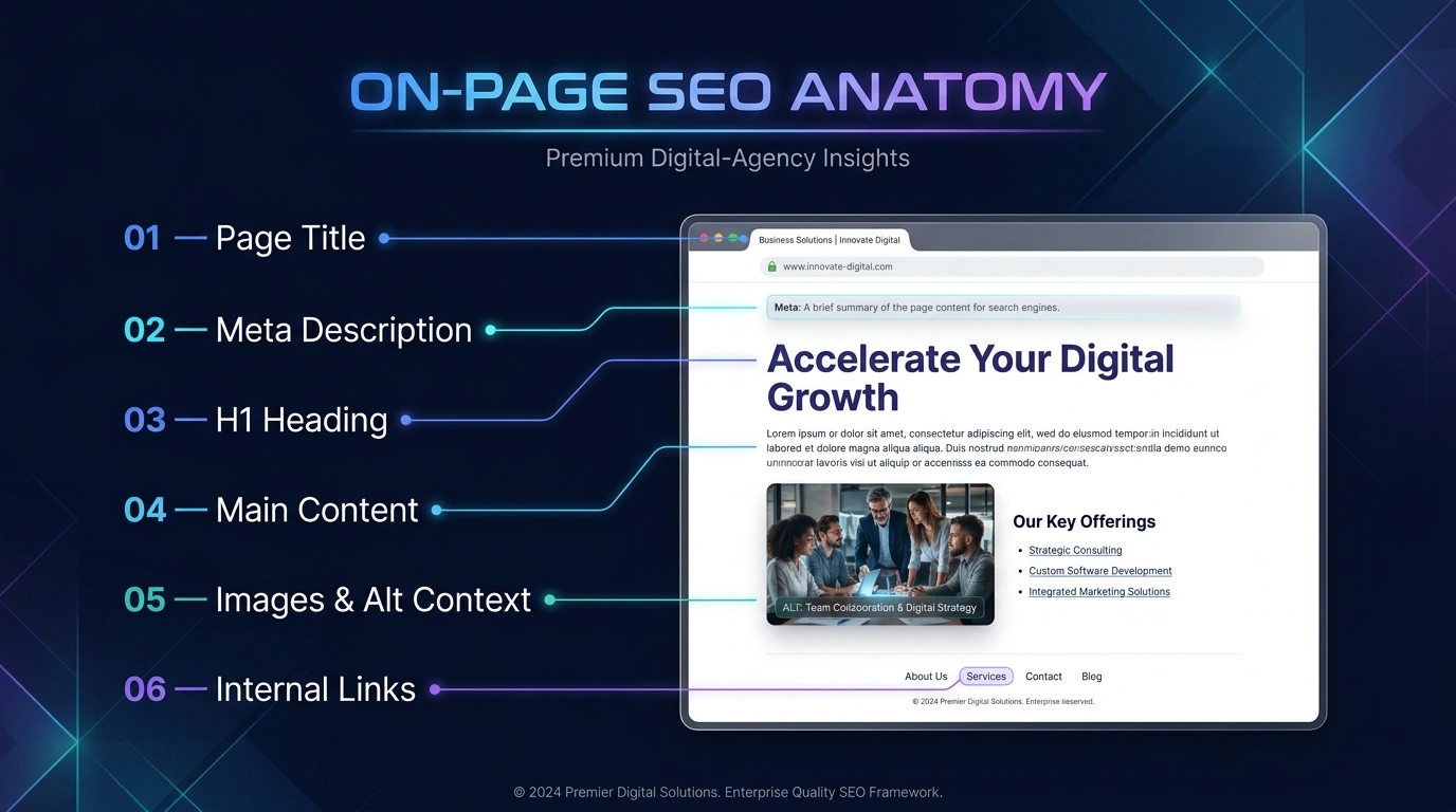 On-page SEO anatomy showing title, description, headings, content, images, and internal links