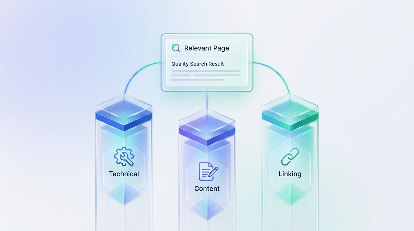 Three pillars of sustainable search showing technical, content, and linking foundations