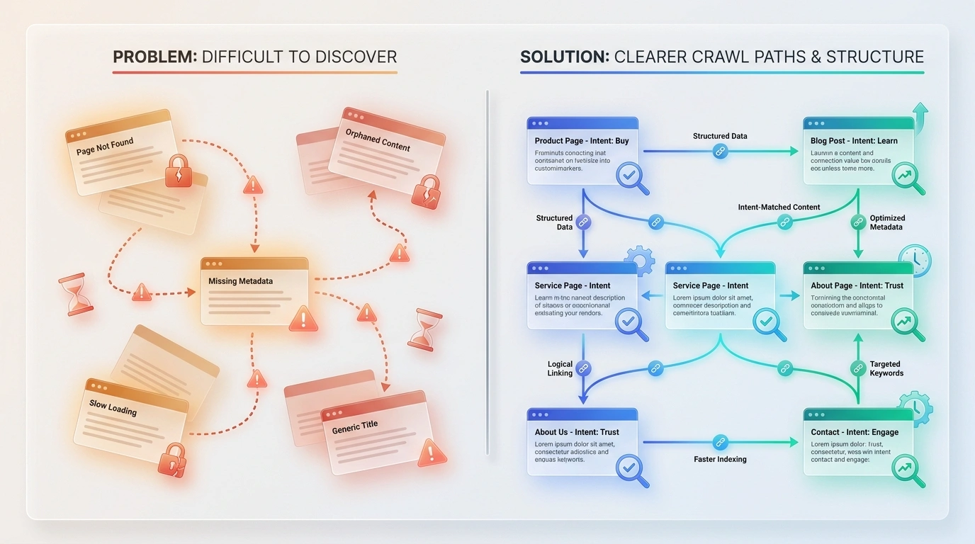 Comparison of disconnected search barriers and a clearer website crawl and content structure
