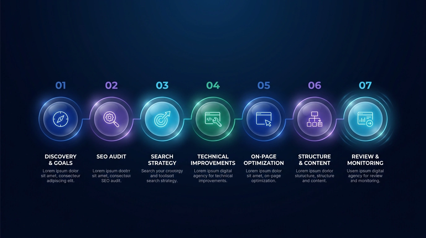 Seven-stage SEO project process from discovery and audit through review and monitoring