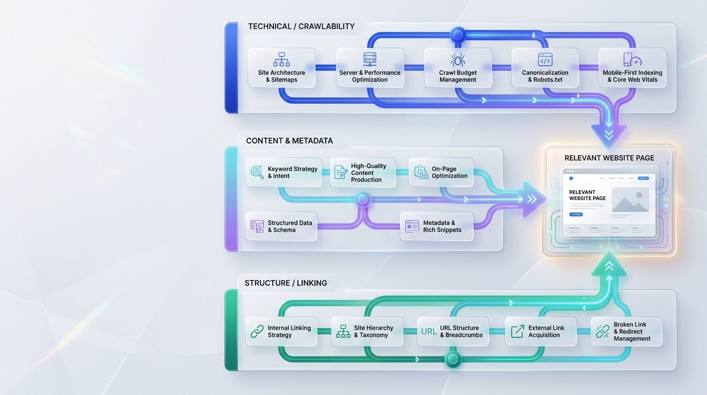 Three-tier SEO architecture connecting technical foundations, content and metadata, and site structure