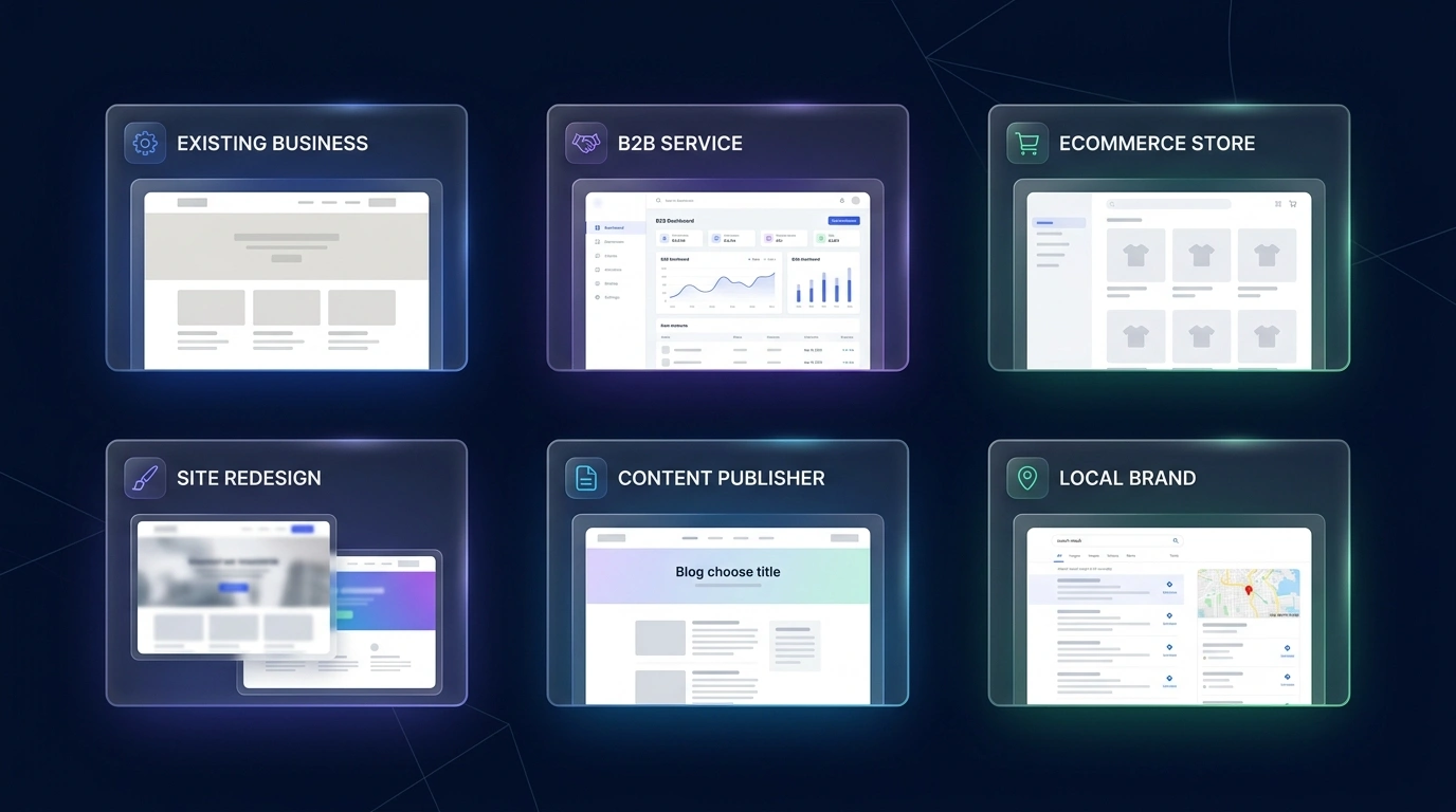SEO use cases for established websites, service brands, stores, redesigns, publishers, and local businesses