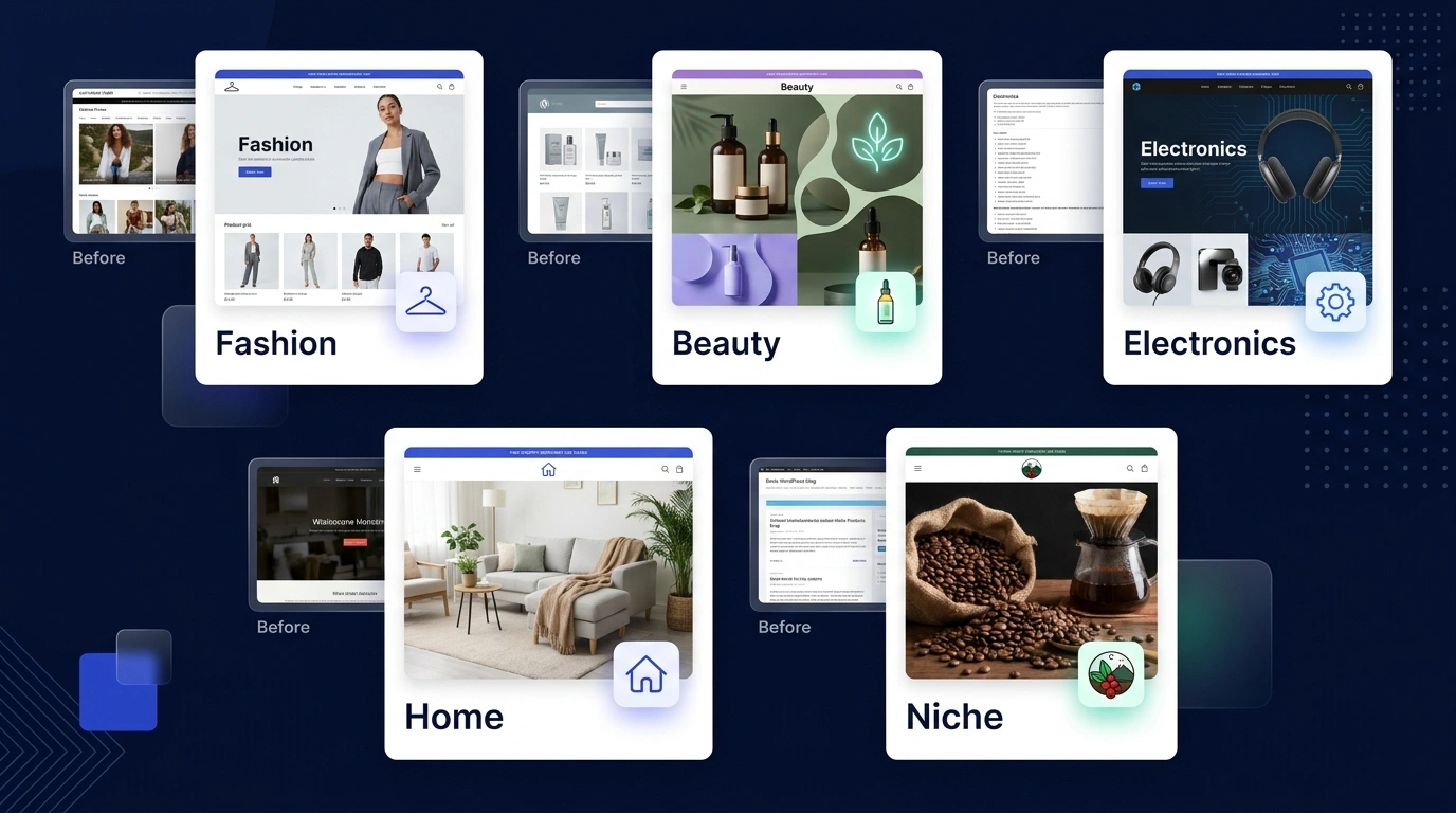 Shopify storefront examples for fashion, beauty, electronics, home, and niche product merchants