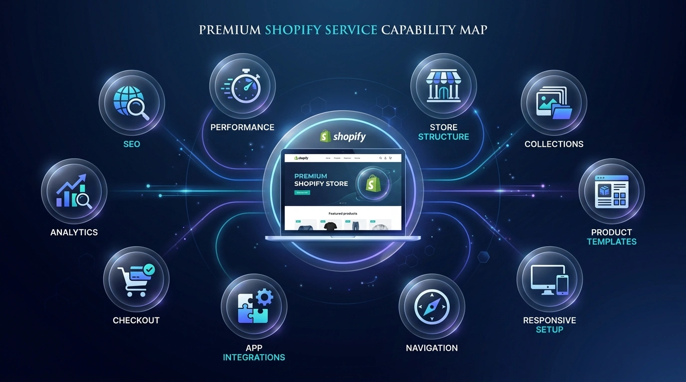 Shopify development capability map covering structure, products, navigation, integrations, checkout, responsive setup, SEO, analytics, and performance
