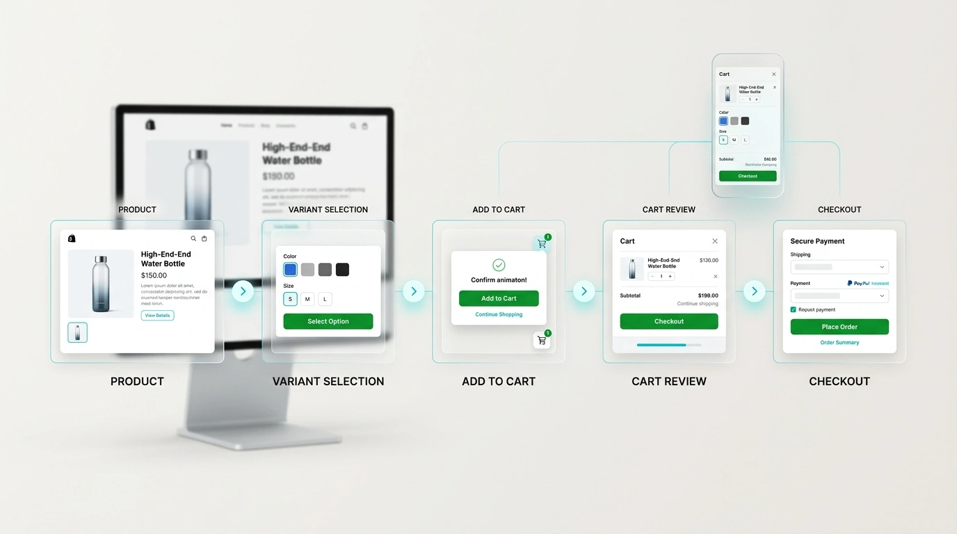 Product selection flow from product card and variant choice to cart review and checkout