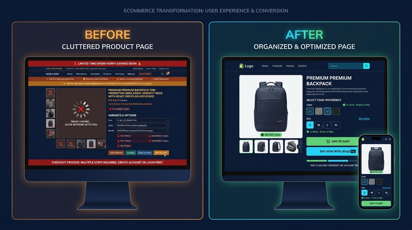 Before and after comparison of a cluttered product page and an organized responsive product page