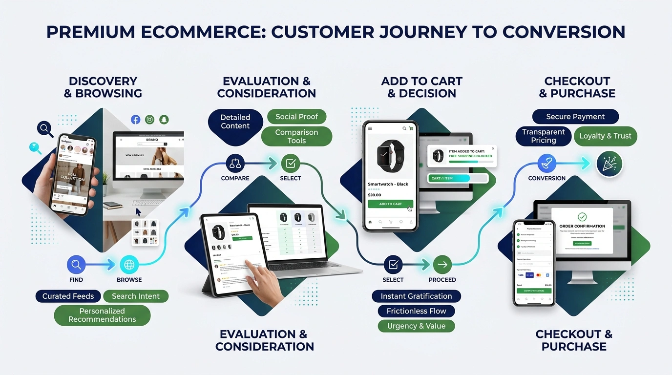 Customer journey from product discovery and evaluation to cart decision and checkout