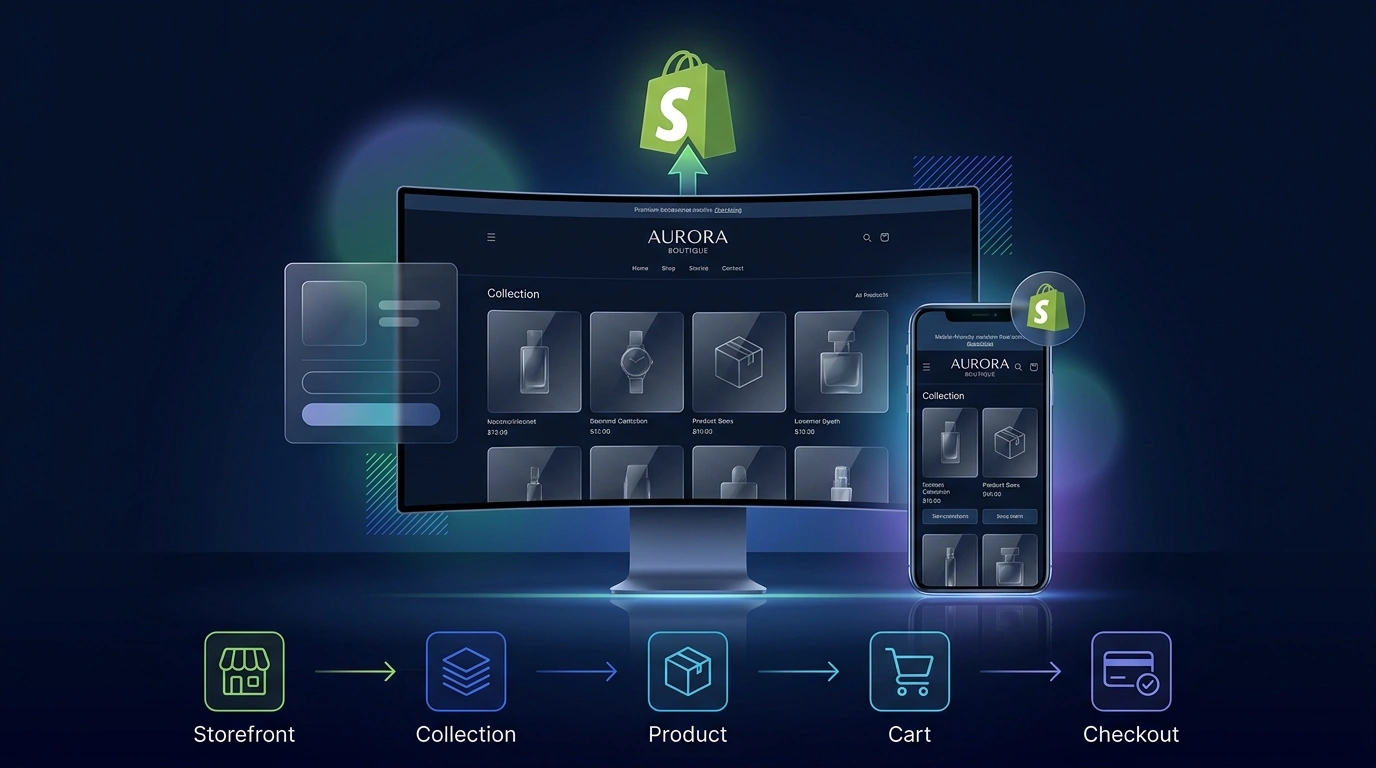 Shopify storefront shown across desktop and mobile with a path from storefront to checkout