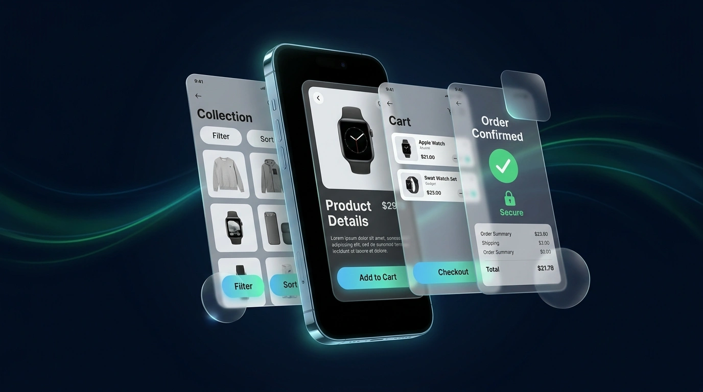 Mobile commerce interface showing product browsing, cart review, and order confirmation
