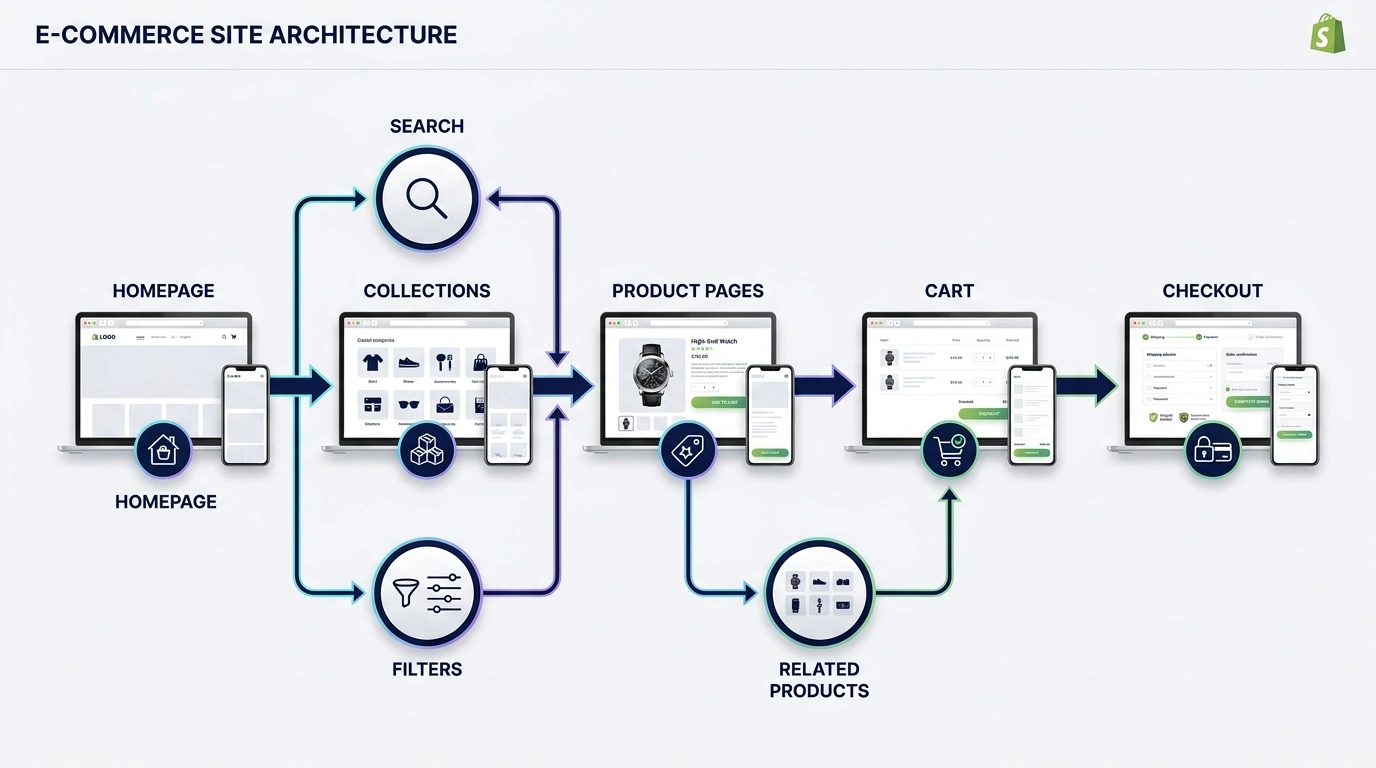 E-commerce site architecture connecting homepage, search, filters, collections, product pages, related products, cart, and checkout