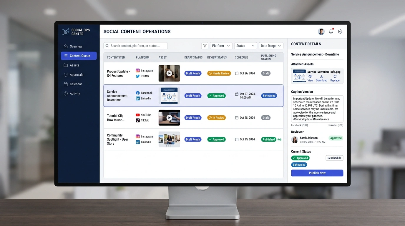 Conceptual social content operations workspace with content queue, platform, asset, review, schedule, and publishing-status columns