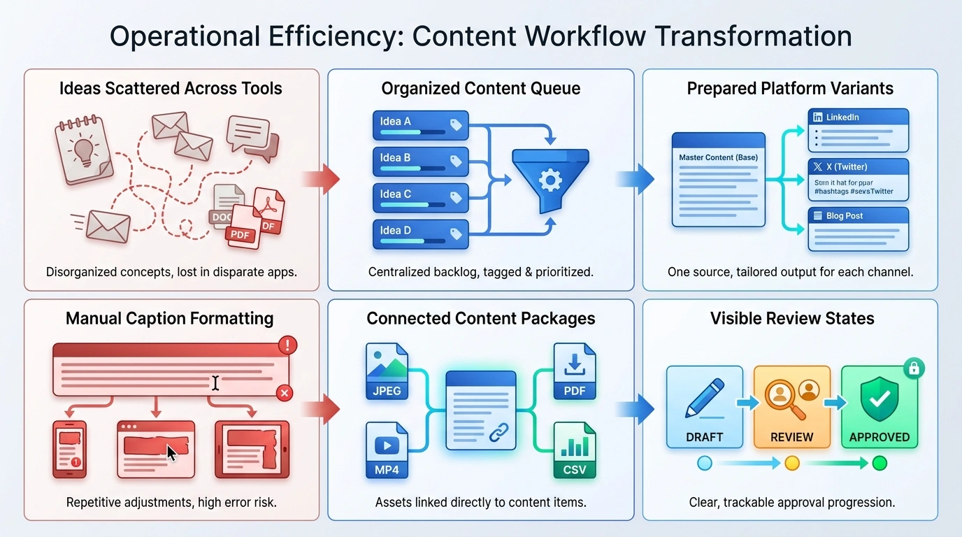 Content workflow transformations showing an organized queue, prepared platform variants, connected assets, and visible review states