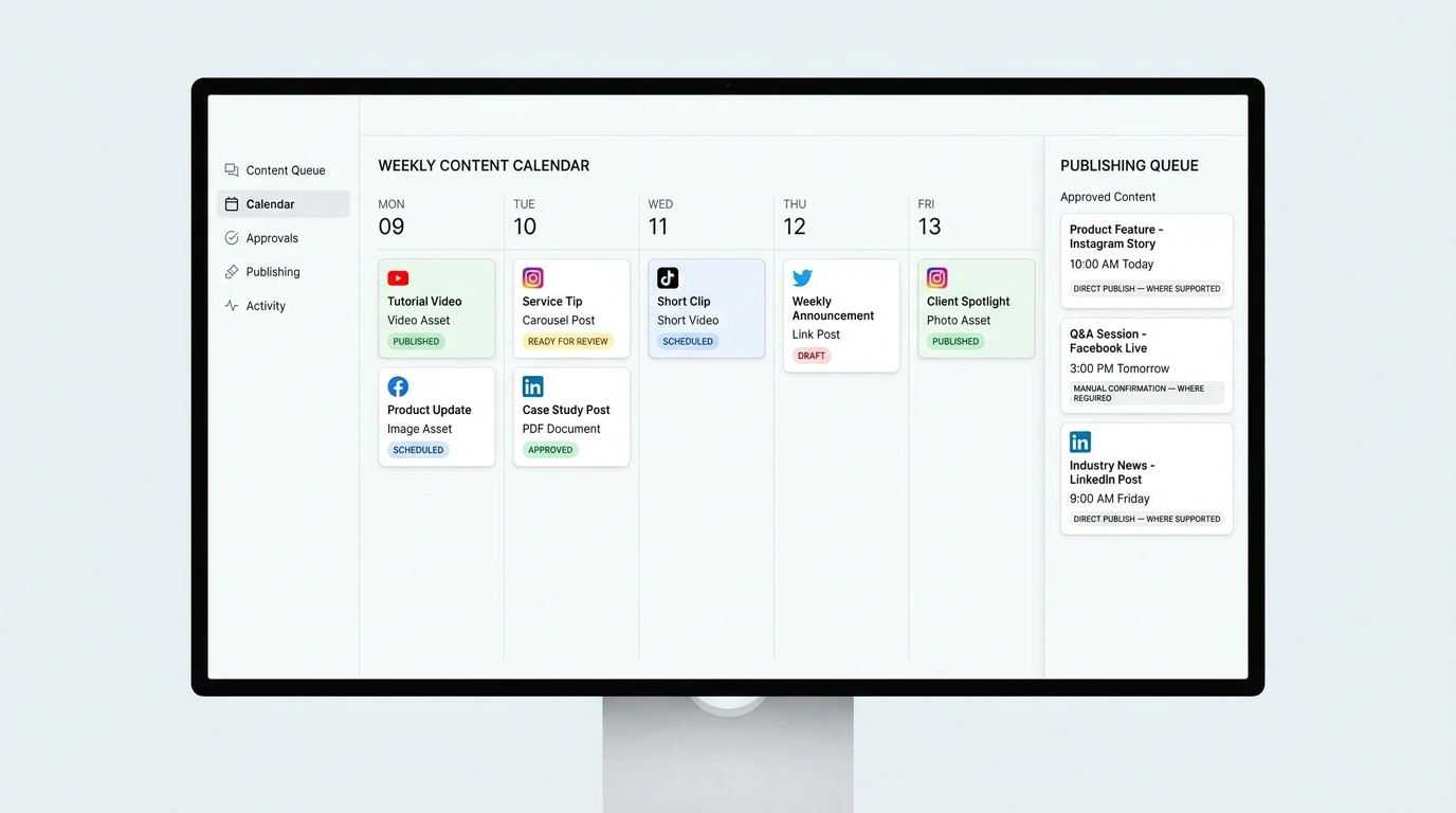 Weekly social content calendar with draft, review, approved, scheduled, published, direct-publish, and manual-confirmation states