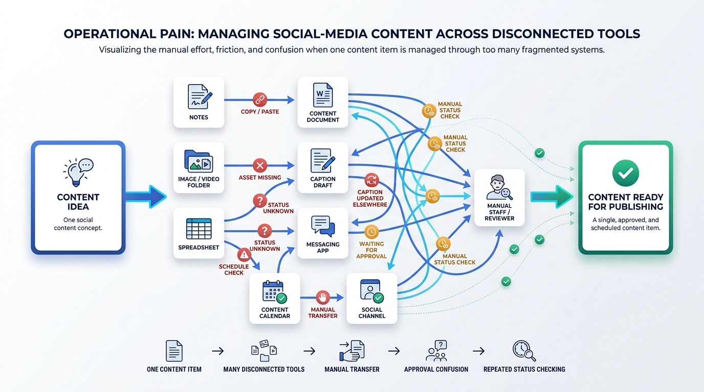 Social content moving through disconnected notes, asset folders, documents, spreadsheets, messaging, calendars, and manual approval checks