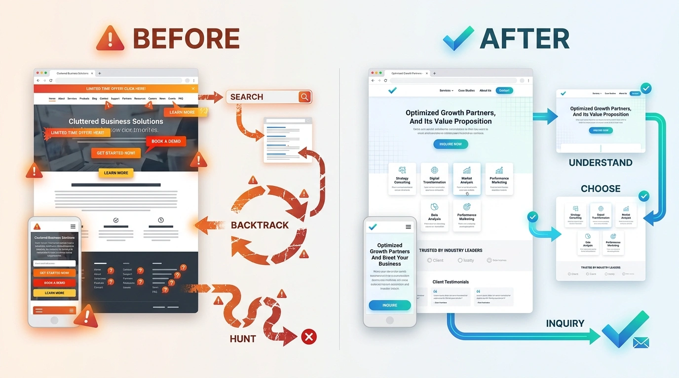 Before and after customer journey comparison showing searching and backtracking replaced by understanding, choosing, and making an inquiry
