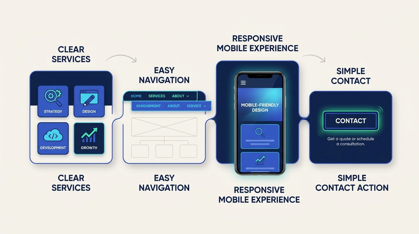 Four effective business website foundations: clear services, easy navigation, responsive mobile experience, and a simple contact action