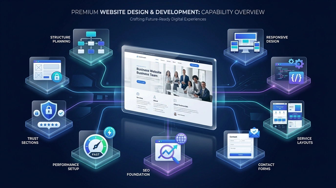 Website design capability overview covering structure, responsive design, development, service layouts, forms, SEO, performance, and trust content