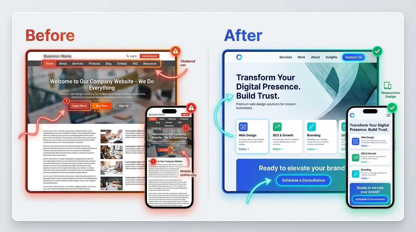 Before and after comparison of a cluttered website and a clearer responsive business website