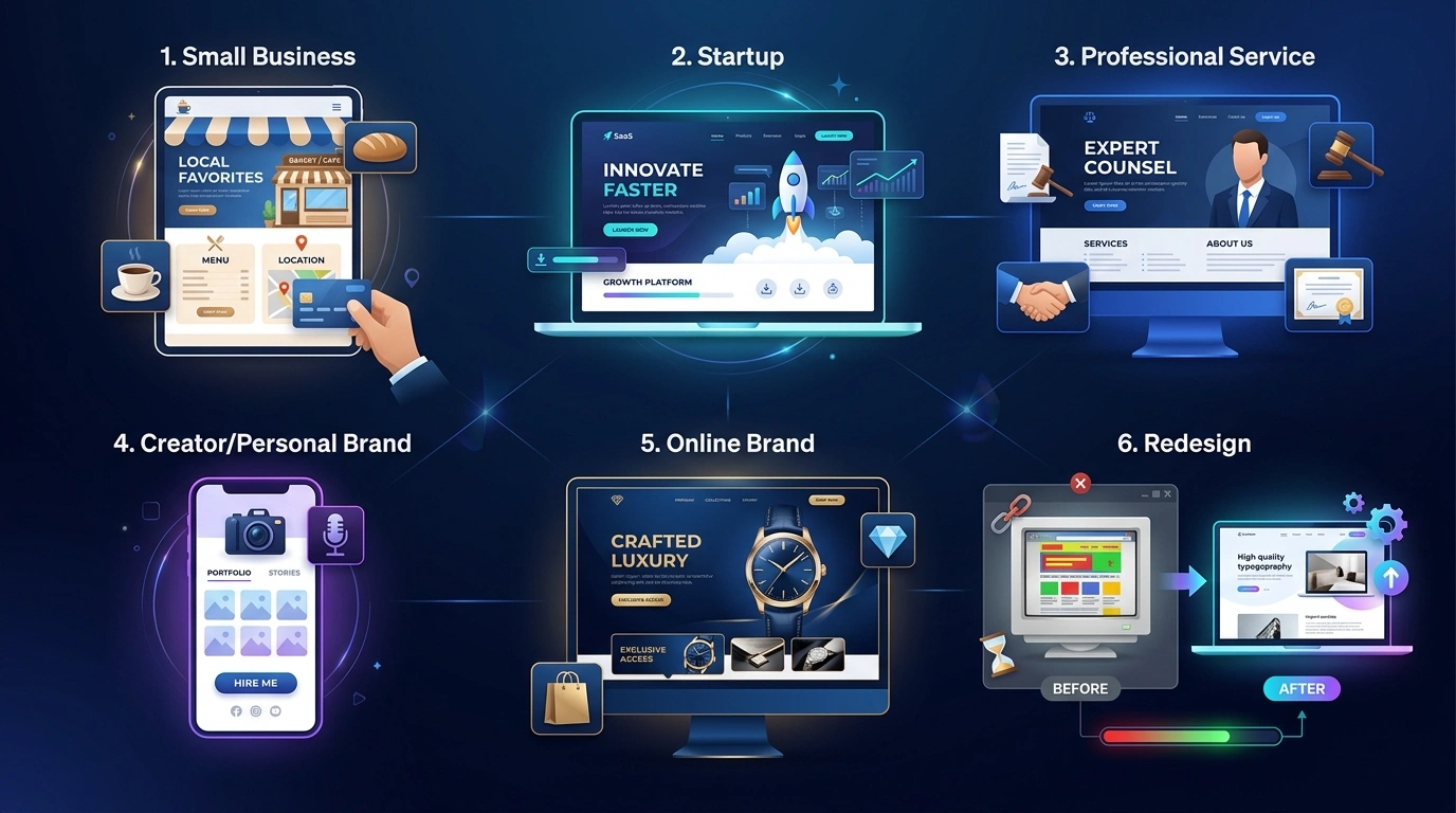 Website design examples for a small business, startup, service provider, creator, online brand, and redesign project
