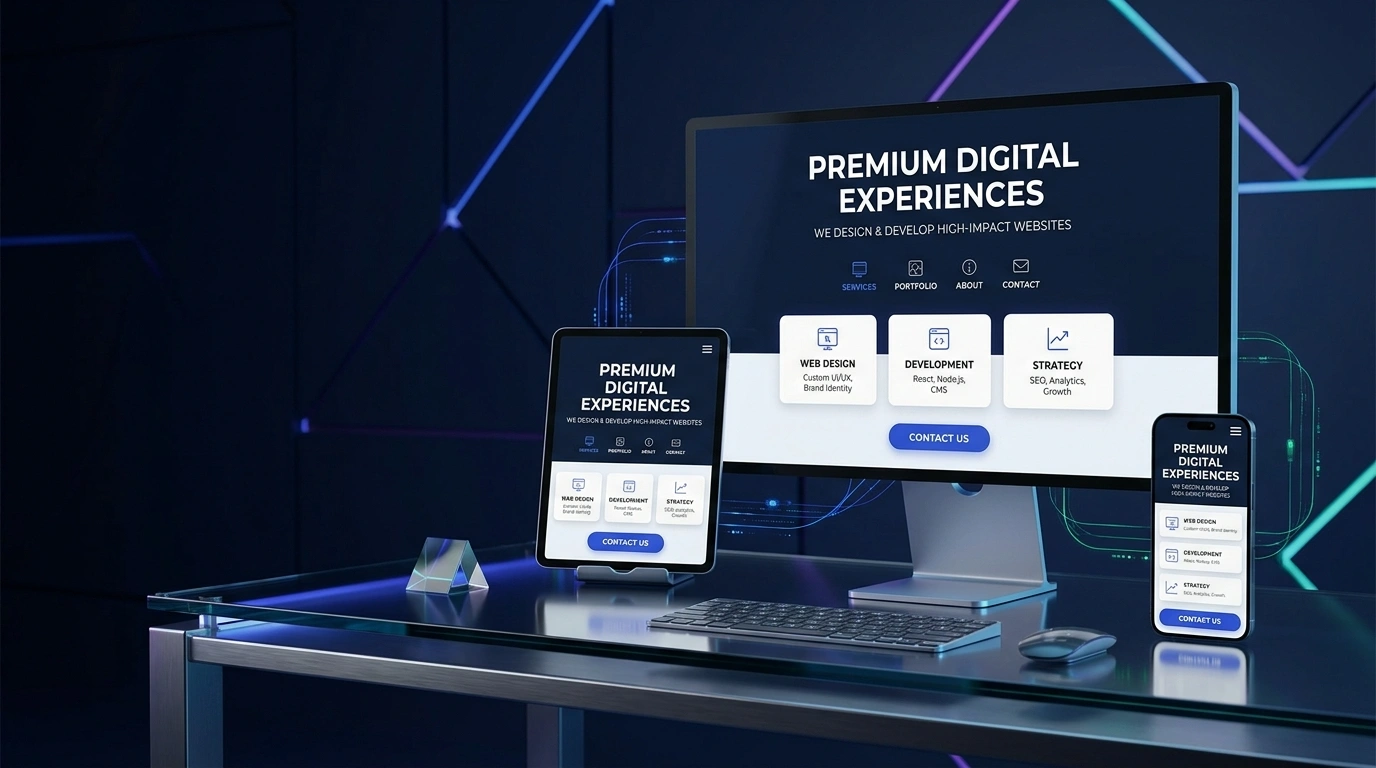 Responsive business website presentation shown across desktop, tablet, and mobile devices