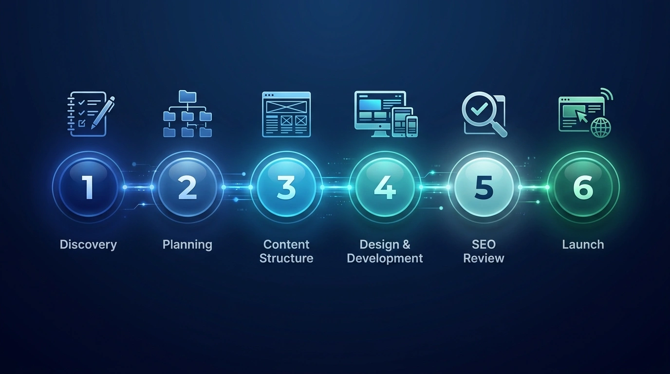 Six-stage website project process from discovery and planning through design, review, and launch preparation