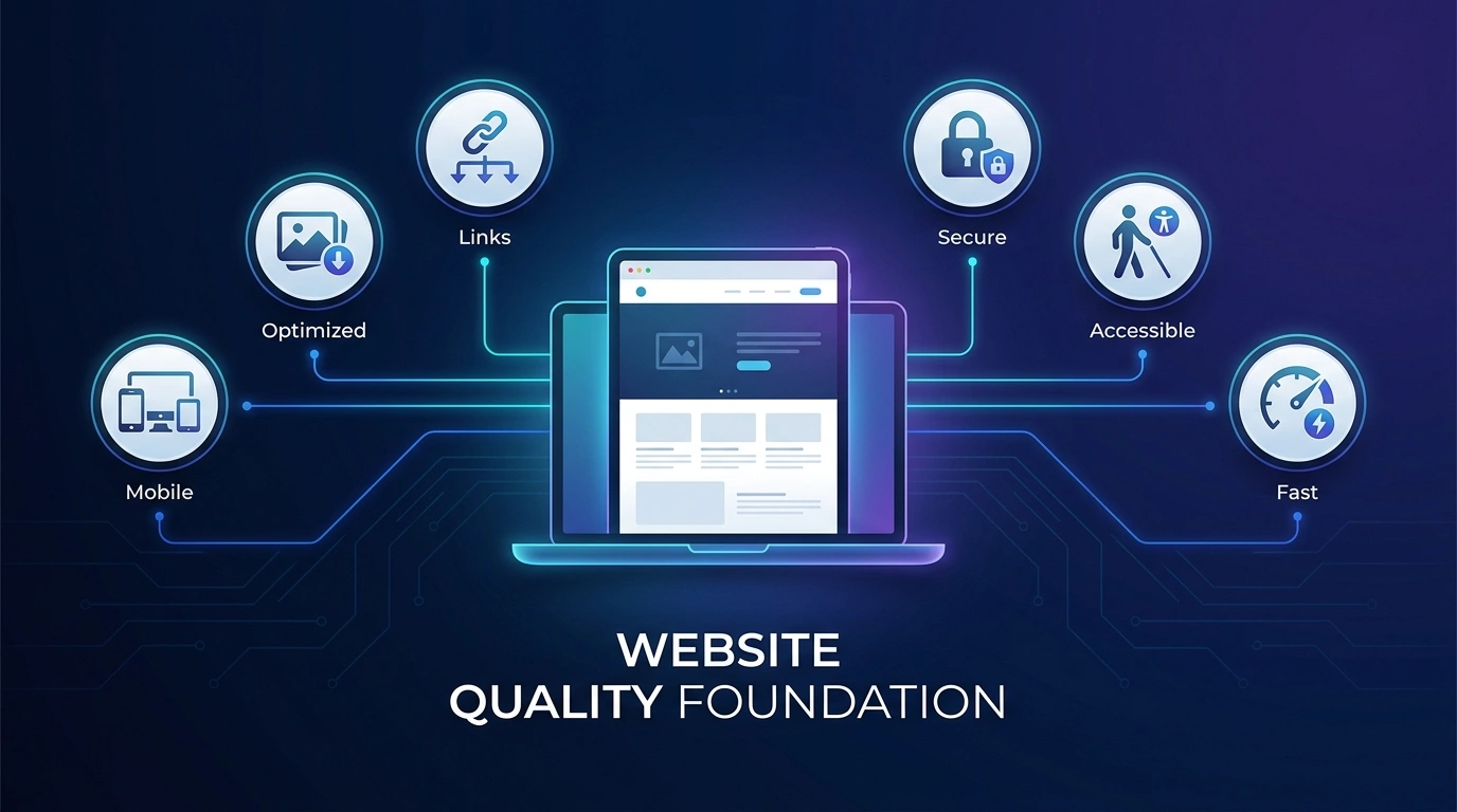 Website quality foundation connecting responsive layouts, optimized images, internal links, secure form handling, accessibility, and performance awareness
