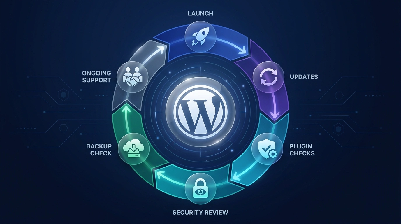 WordPress aftercare lifecycle covering launch, updates, plugin checks, security review, backups, and support
