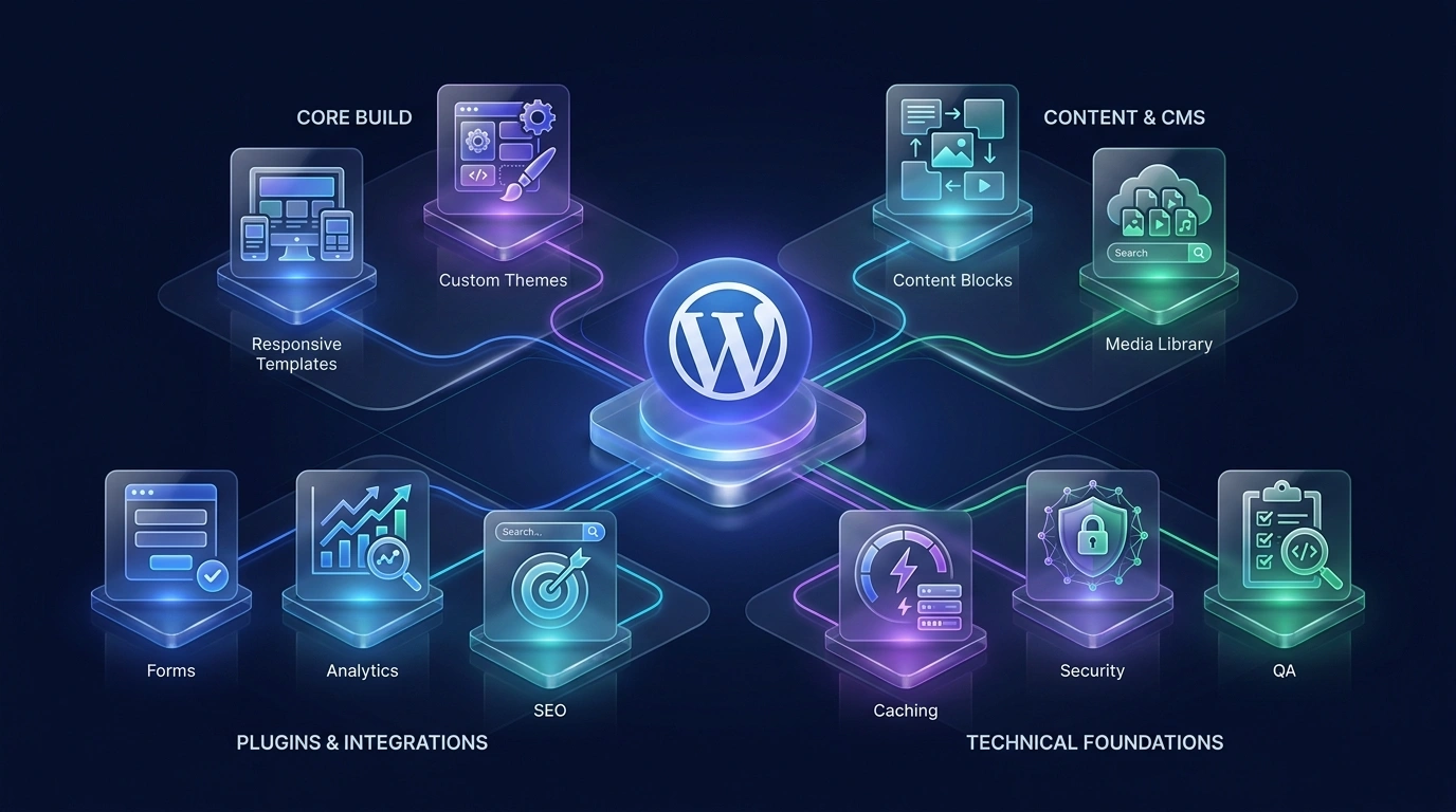 WordPress capability overview covering pages, content, plugins, forms, SEO, performance, and launch review
